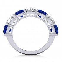 Cushion Diamond & Blue Sapphire Seven Stone Ring 14k White Gold (5.85ct)