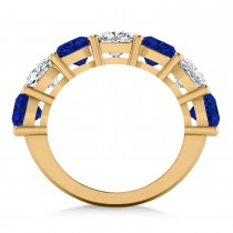 Cushion Diamond & Blue Sapphire Seven Stone Ring 14k Yellow Gold (5.85ct)
