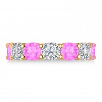 Cushion Diamond & Pink Sapphire Seven Stone Ring 14k Yellow Gold (5.85ct)