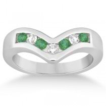 Emerald & Diamond Chevron Ring Channel Set 14K White Gold 0.47ctw