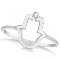 Hamsa Hand Ring with Diamond Accent for Women 14k White Gold 0.01ct