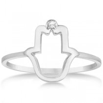 Hamsa Hand Ring with Diamond Accent for Women 14k White Gold 0.01ct