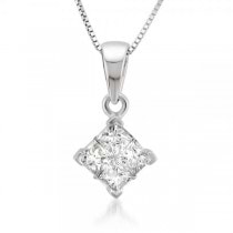 Invisible Set Princess Cut Pendant Diamond Necklace 14k W. Gold 0.25ct