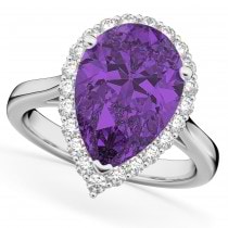 Pear Cut Halo Amethyst & Diamond Engagement Ring 14K White Gold 5.44ct