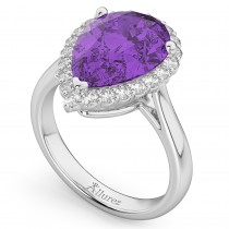 Pear Cut Halo Amethyst & Diamond Engagement Ring 14K White Gold 5.44ct