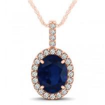Blue Sapphire & Diamond Halo Oval Pendant Necklace 14k Rose Gold (3.37ct)