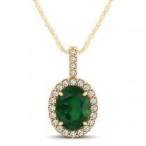 Emerald & Diamond Halo Oval Pendant Necklace 14k Yellow Gold (1.02ct)