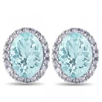 Oval Aquamarine & Halo Diamond Stud Earrings 14k White Gold 3.92ct