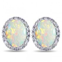 Oval Opal & Halo Diamond Stud Earrings 14k White Gold 2.60ct