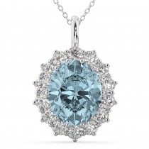 Oval Aquamarine & Diamond Halo Pendant Necklace 14k White Gold (6.40ct)