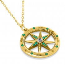 Compass Pendant For Men Emerald & Diamond Accented 14k Yellow Gold (0.38ct)