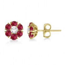 Diamond & Ruby Flower Cluster Screw Back Earrings 14K Yellow Gold (1.67ctw)