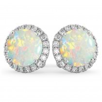 Halo Round Opal & Diamond Earrings 14k White Gold (3.17ct)
