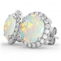 Halo Round Opal & Diamond Earrings 14k White Gold (3.17ct)