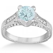 Antique Style Diamond & Aquamarine Engagement Ring 14k White Gold (1.90ct) Size 6