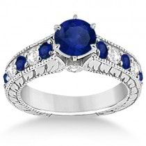 Vintage Diamond and Sapphire Engagement Ring 14k White Gold (1.41ct)