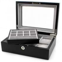 Jewelry and Watch Valet Box w/ Removable Tray in Black Leather