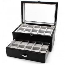 20 Watch Box Storage Two Drawers and Glass Display in Black Leather