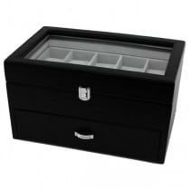 20 Watch Box Storage Two Drawers and Glass Display in Black Leather