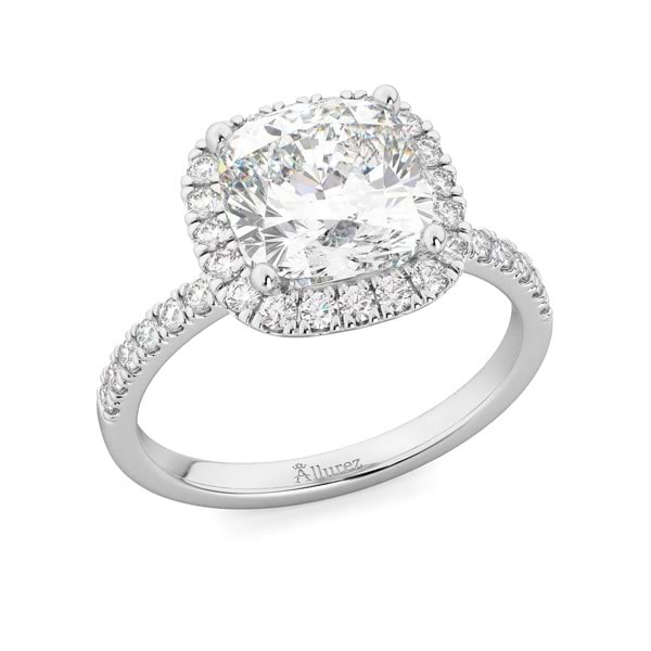 Cushion Cut Halo Diamond Engagement Ring 14k White Gold (2.55ct)