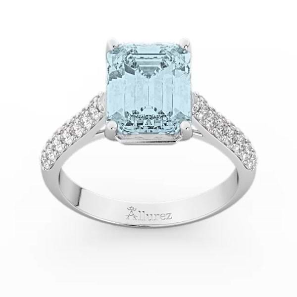 Emerald-Cut Aquamarine & Diamond Engagement Ring 14k White Gold 5.54ct ...