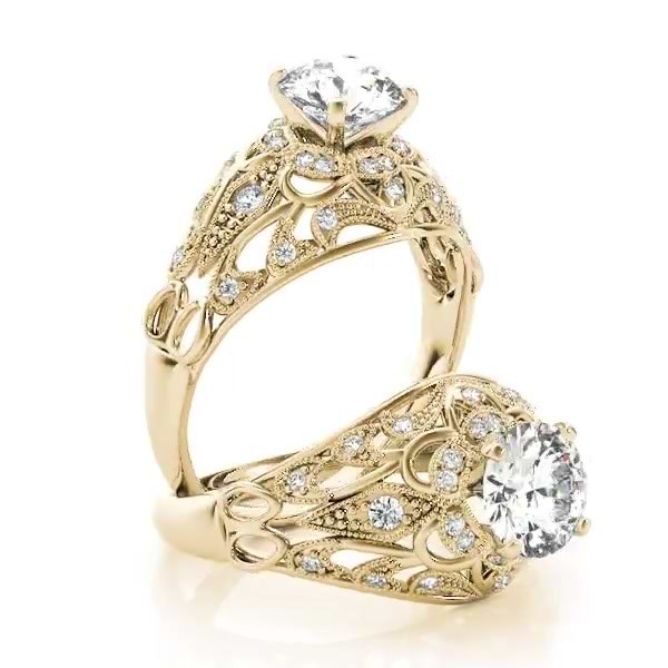 14k Yellow Gold Vintage Style Filigree Engagement Ring #105792