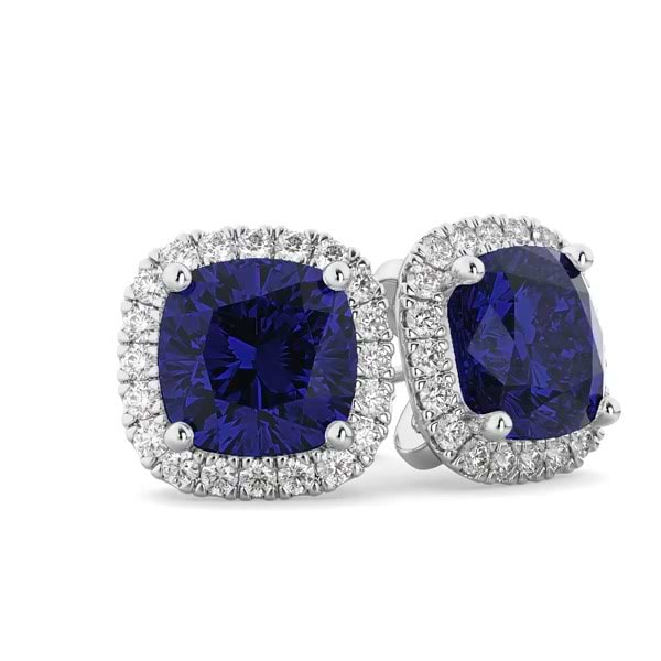 Halo Cushion Blue Sapphire & Diamond Earrings 14k White Gold 4.04