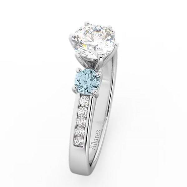 Three-Stone Aquamarine & Diamond Engagement Ring 14k White Gold