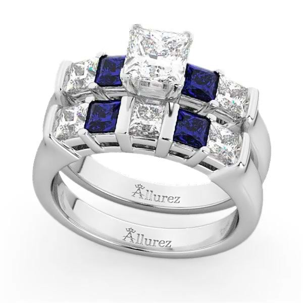 5 Stone Diamond & Blue Sapphire Bridal Set 14K White Gold 1.02ct - U4625