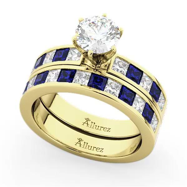 Channel Blue Sapphire & Diamond Bridal Set 18k Yellow Gold 1.30ct - U428
