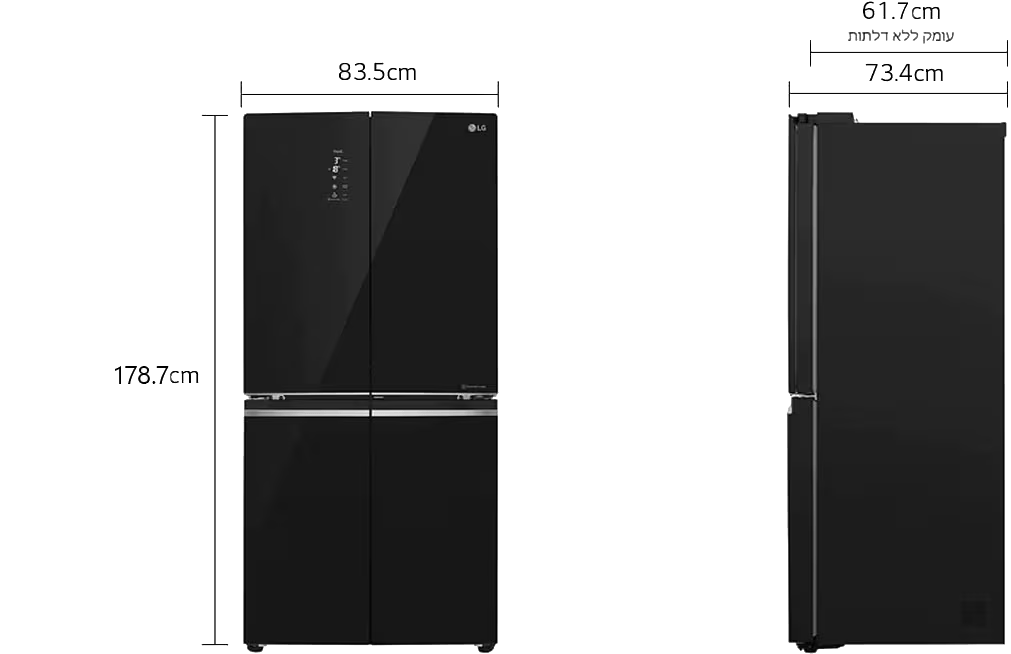 מקרר 4 דלתות מקפיא תחתון 530 ליטר LG GR-608BEDID עם התקן שבת מובנה - גימור זכוכית שחורה אחריות ע"י היבואן הרשמי