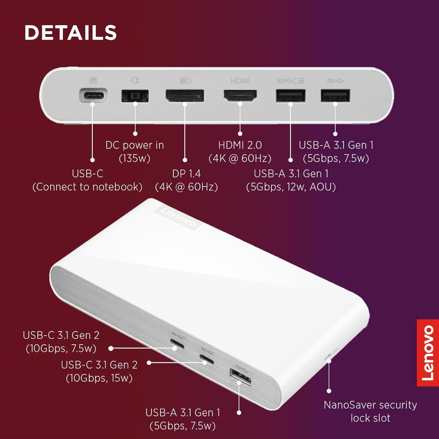 תחנת עגינה 7 ב-1 Lenovo 500 USB-C Universal  - צבע לבן שנה אחריות ע"י יבואן הרשמי