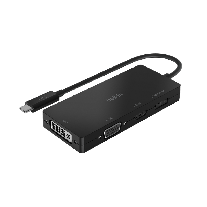 מתאם למסכים עם טעינה Belkin USB-C - למסכים ולטעינה 4 חיבורים HDMI VGA DisplayPort DVI - צבע שחור שנתיים אחריות ע