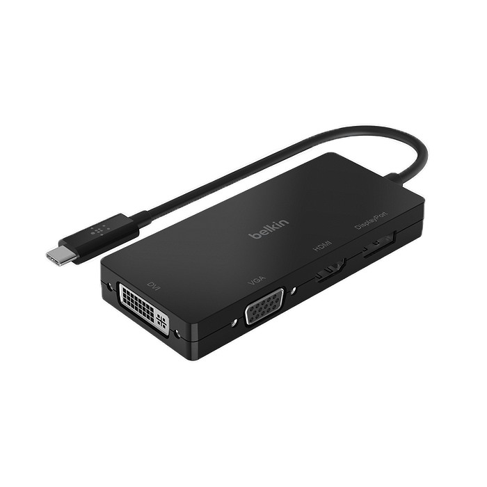 מתאם למסכים עם טעינה Belkin USB-C - למסכים ולטעינה 4 חיבורים HDMI VGA DisplayPort DVI - צבע שחור שנתיים אחריות עי היבואן הרשמי