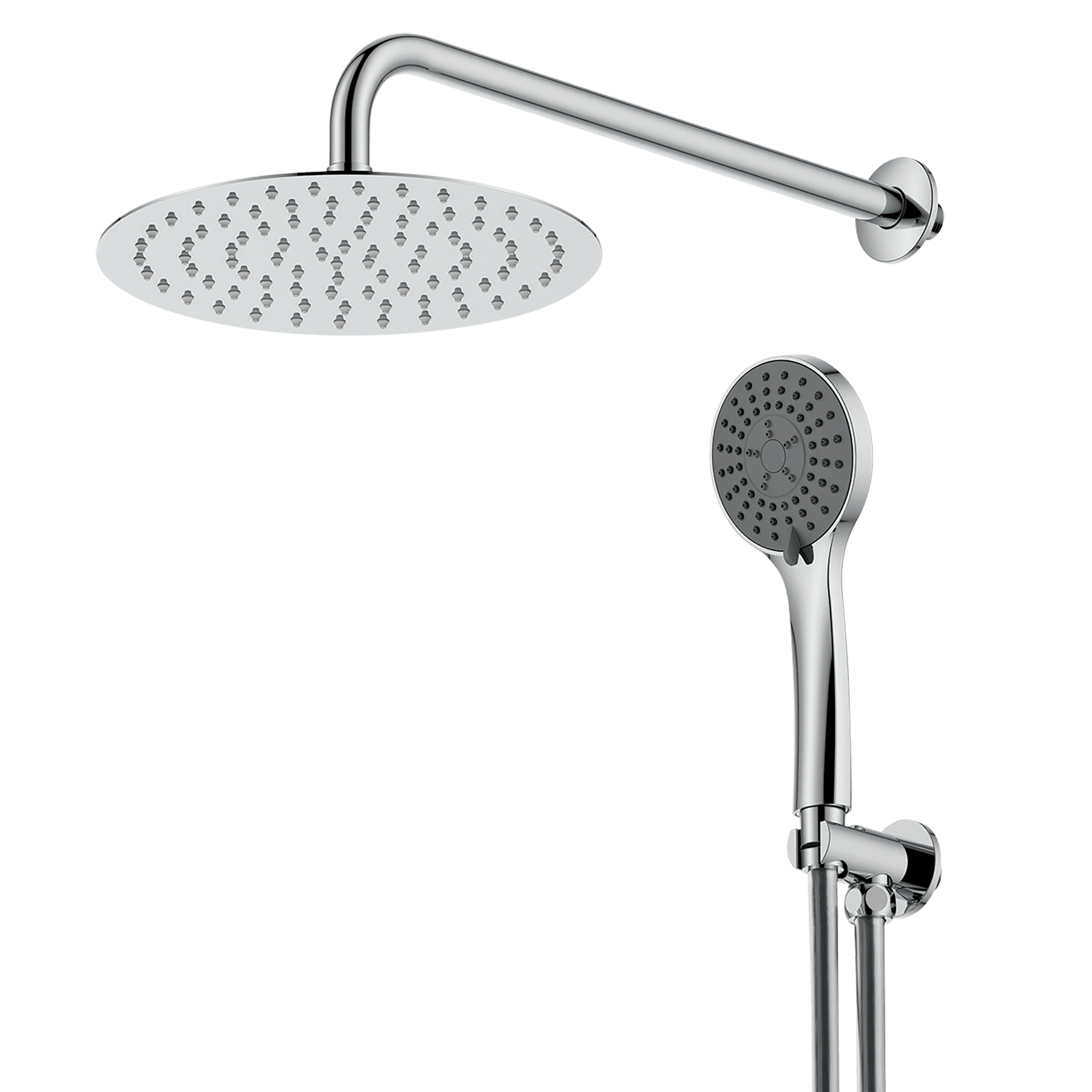 'סט  וולקנו -זרוע לראש מקלחתראש מקלחת עגול קוטר 25 נקודת מים עם מתלה וצינור גמיש P.V.Cכרום 'MATINA