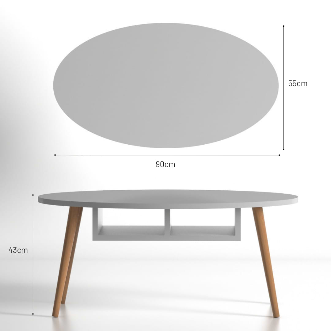 שולחן סלון מעוצב בצורת אליפסה בעל 2 תאי אחסון דגם מאי לבן רבדים