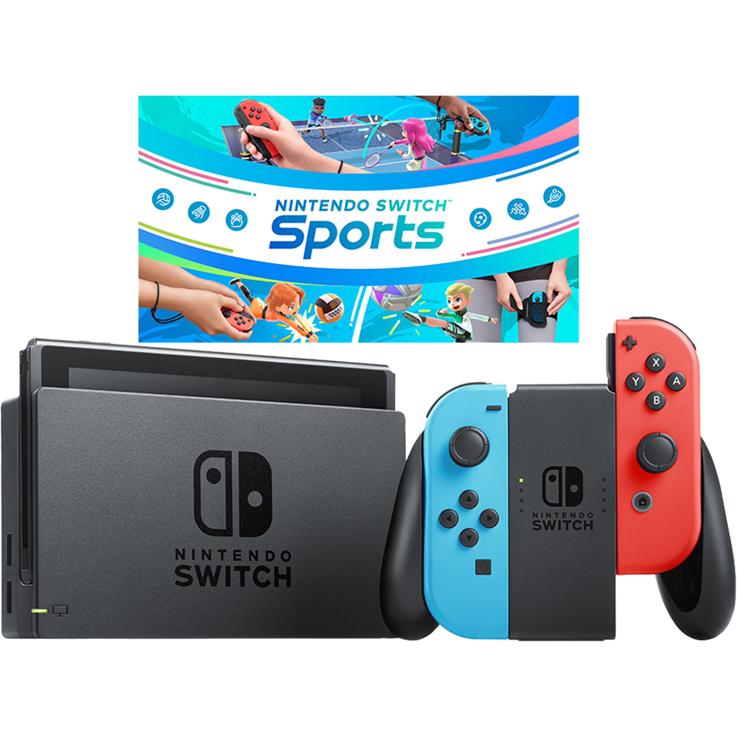 באנדל קונסולת משחק Nintendo Switch 32GB הכולל Nintendo Switch Sports, רצועת JoyCon לרגל ו-3 חודשי NSO - צבע כחול ואדום שנתיים אחריות ע