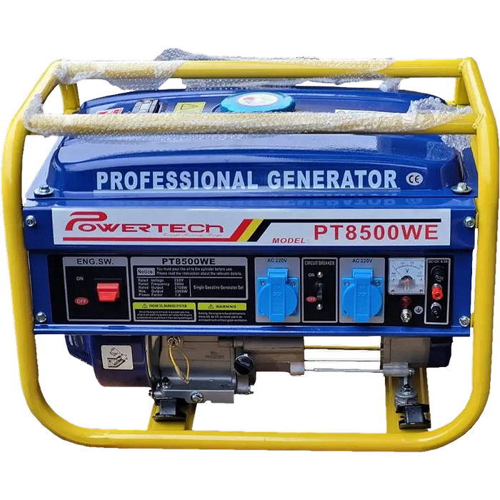 גנרטור בנזין חד פאזי Powertech PT8500WE 3000W - צבע צהוב וכחול שנה אחריות עי היבואן הרשמי