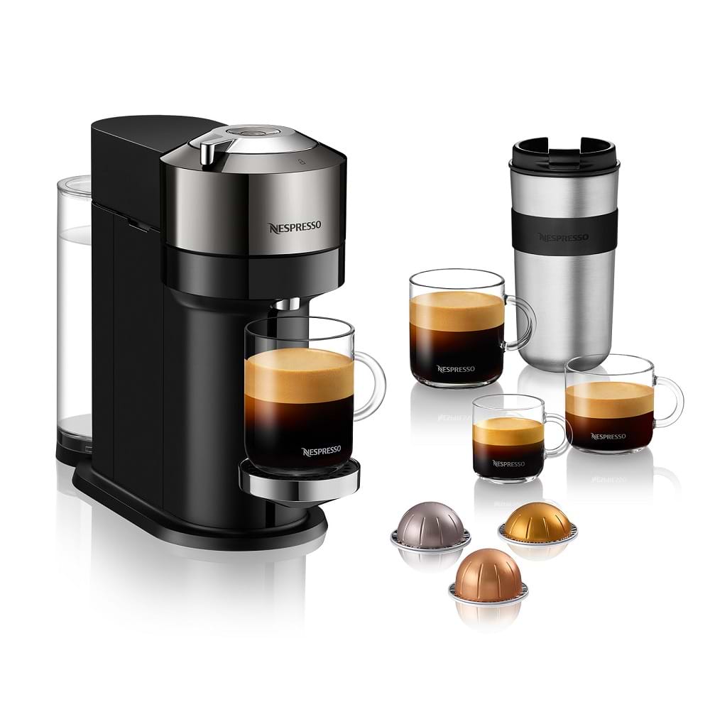 ماكينة قهوة VertuoNext  NESPRESSO موديل GCV1 בلون כרום - مع מקציף ו – 20 קפסולות  קפה במתנה