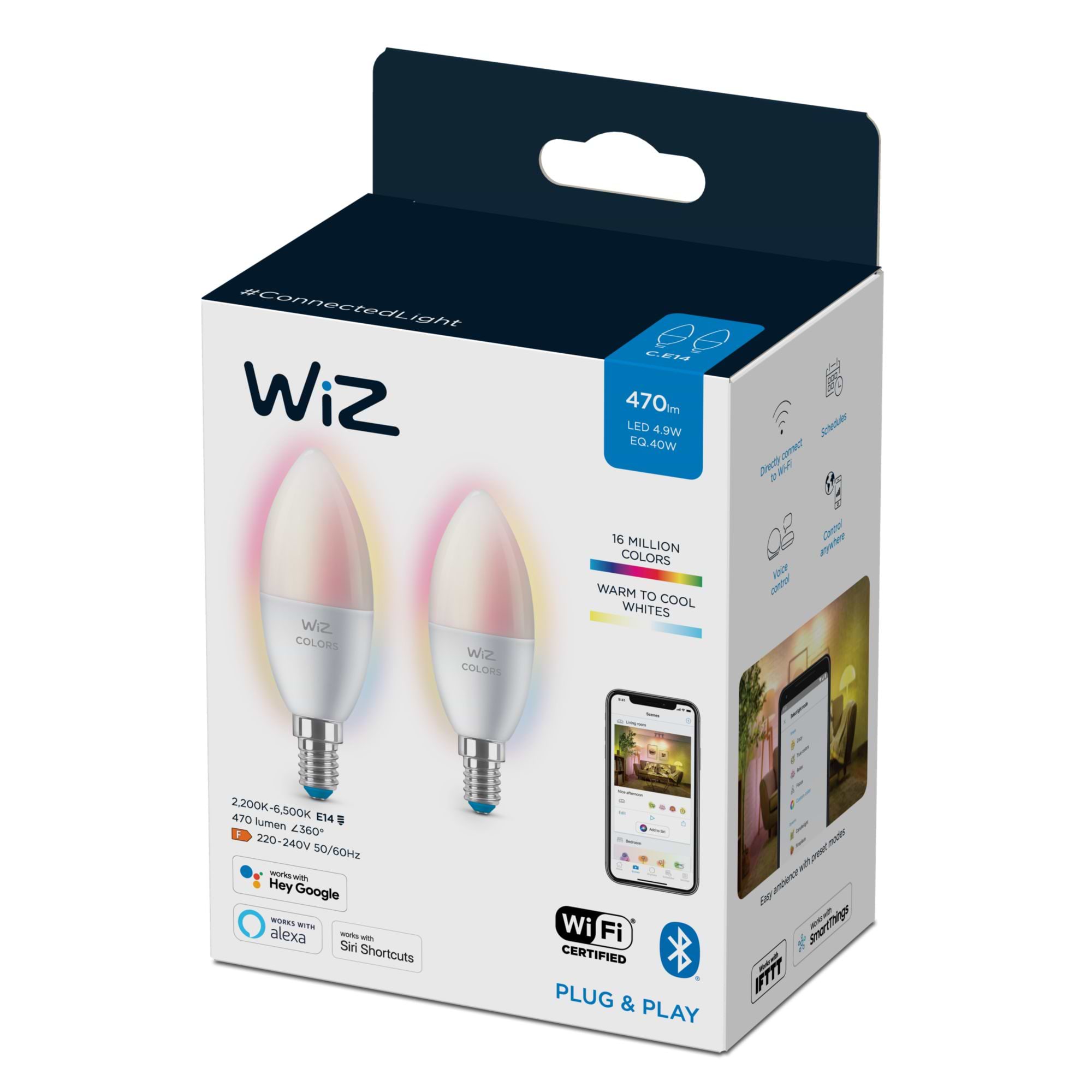 Wiz Wi-Fi BLE 40W C37 E14 922-65 RGB 2PF/6 זוג נורות נר