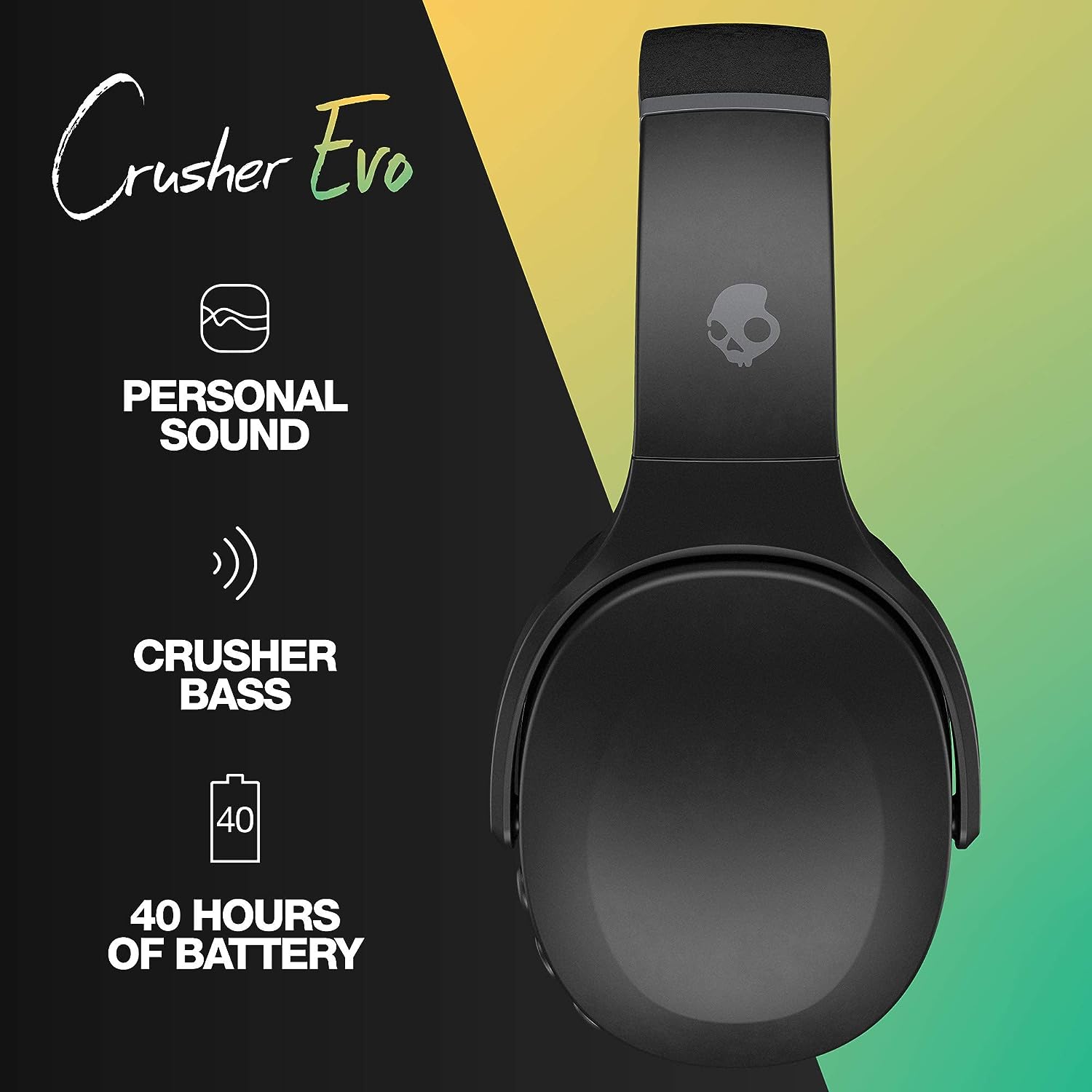 אוזניות אלחוטיות  SkullCandy Crusher Evo TWS Over-Ear - צבע שחור שנה אחריות ע"י יבואן רשמי