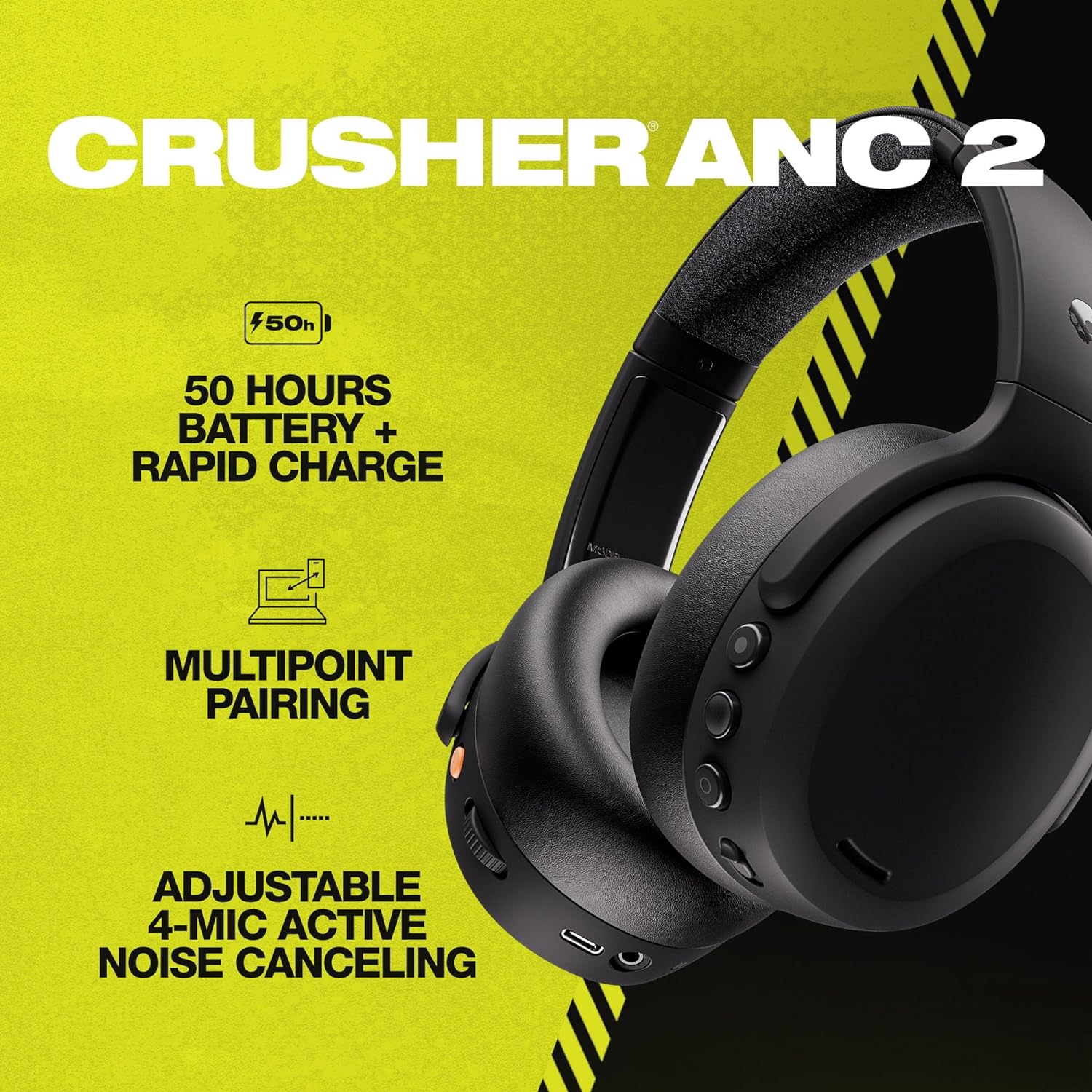 אוזניות אלחוטיות  SkullCandy Crusher ANC 2 TWS Over-Ear - צבע שחור שנה אחריות ע"י היבואן רשמי