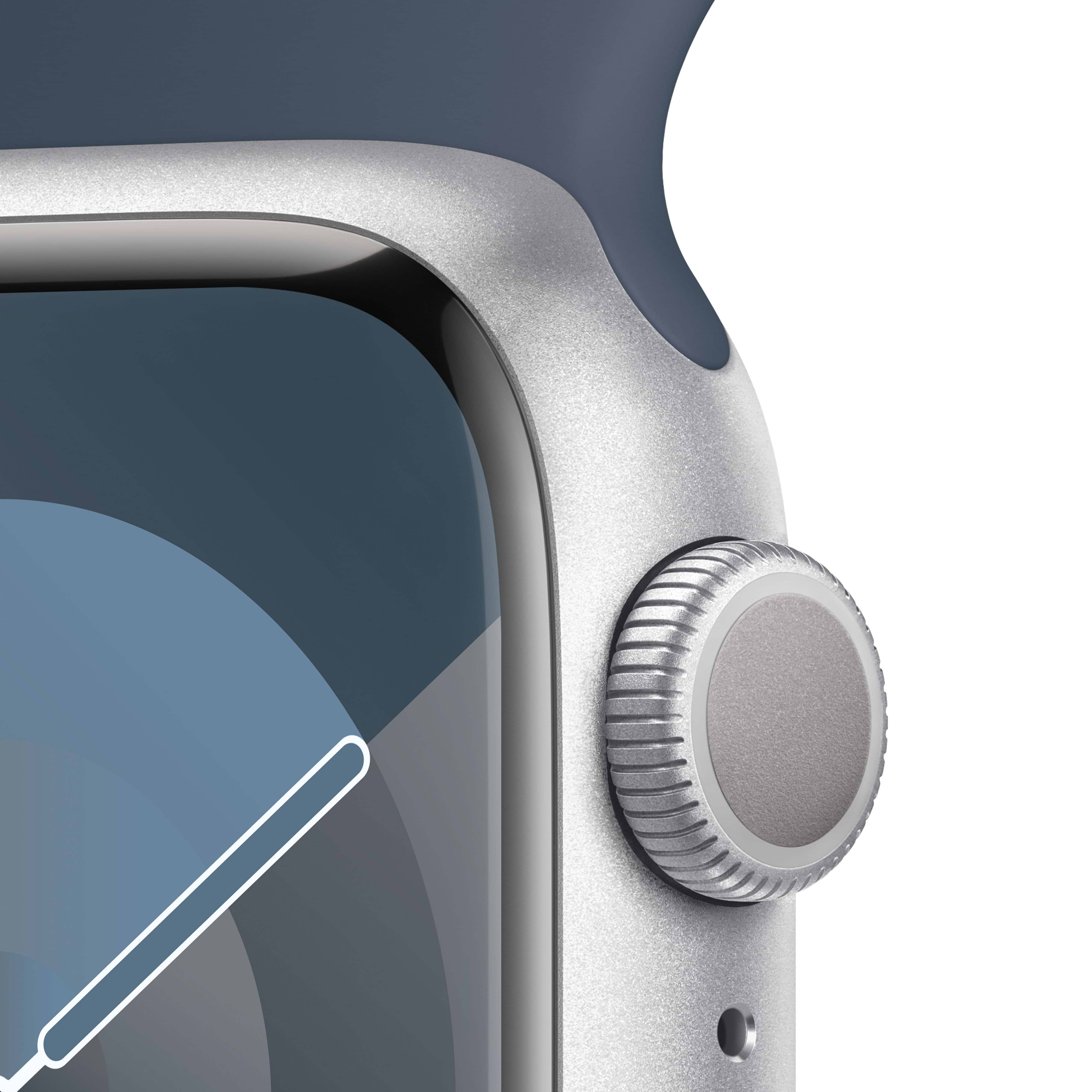 שעון חכם Apple Watch Series 9 GPS 41mm Silver Aluminium Case with Storm Blue Sport Band - M/L - צבע כסוף שנה אחריות ע