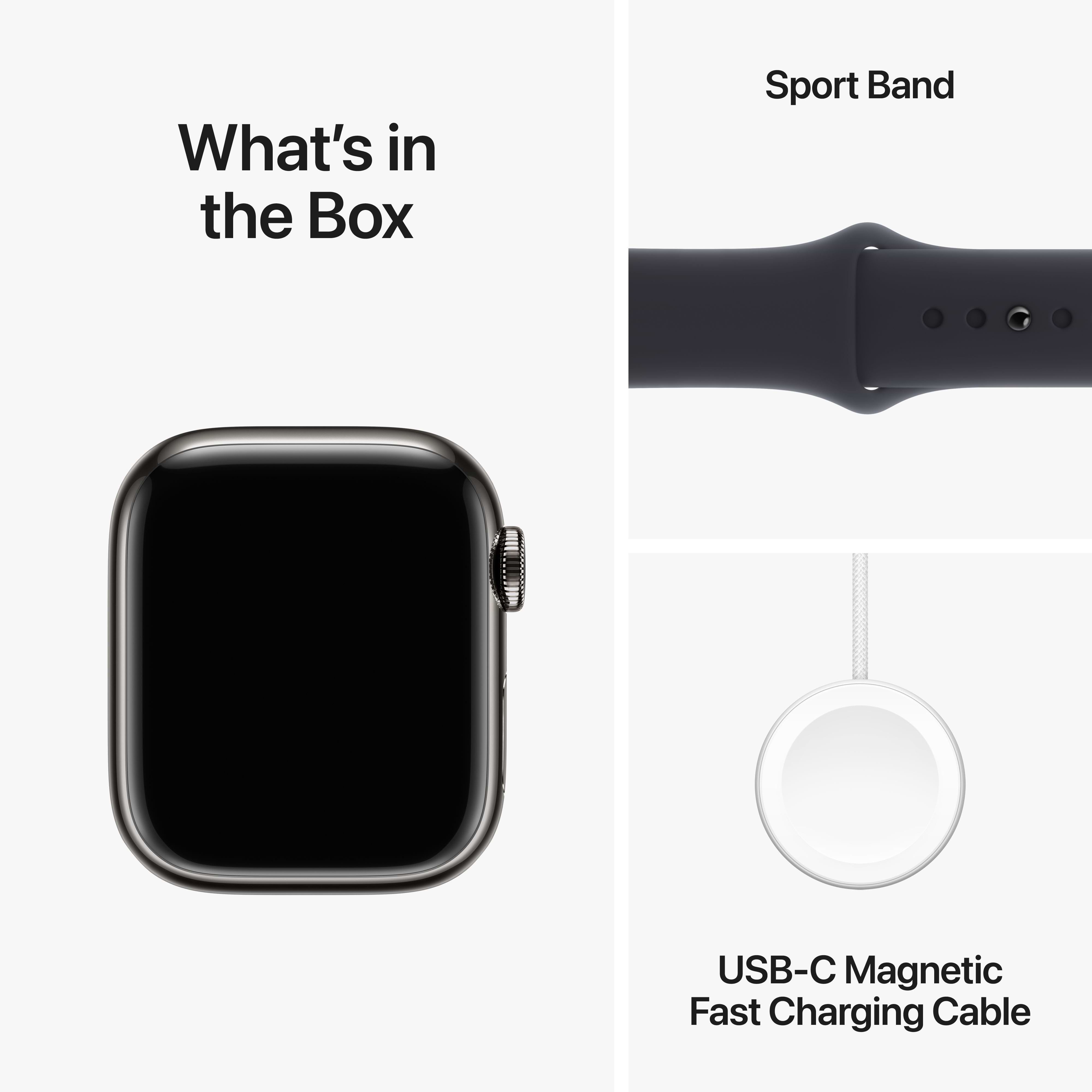 שעון חכם - Apple Watch Series 9 GPS + Cellular 41mm Graphite Stainless Steel Case with Midnight Sport Band - M/L - צבע כסוף שנה אחריות ע