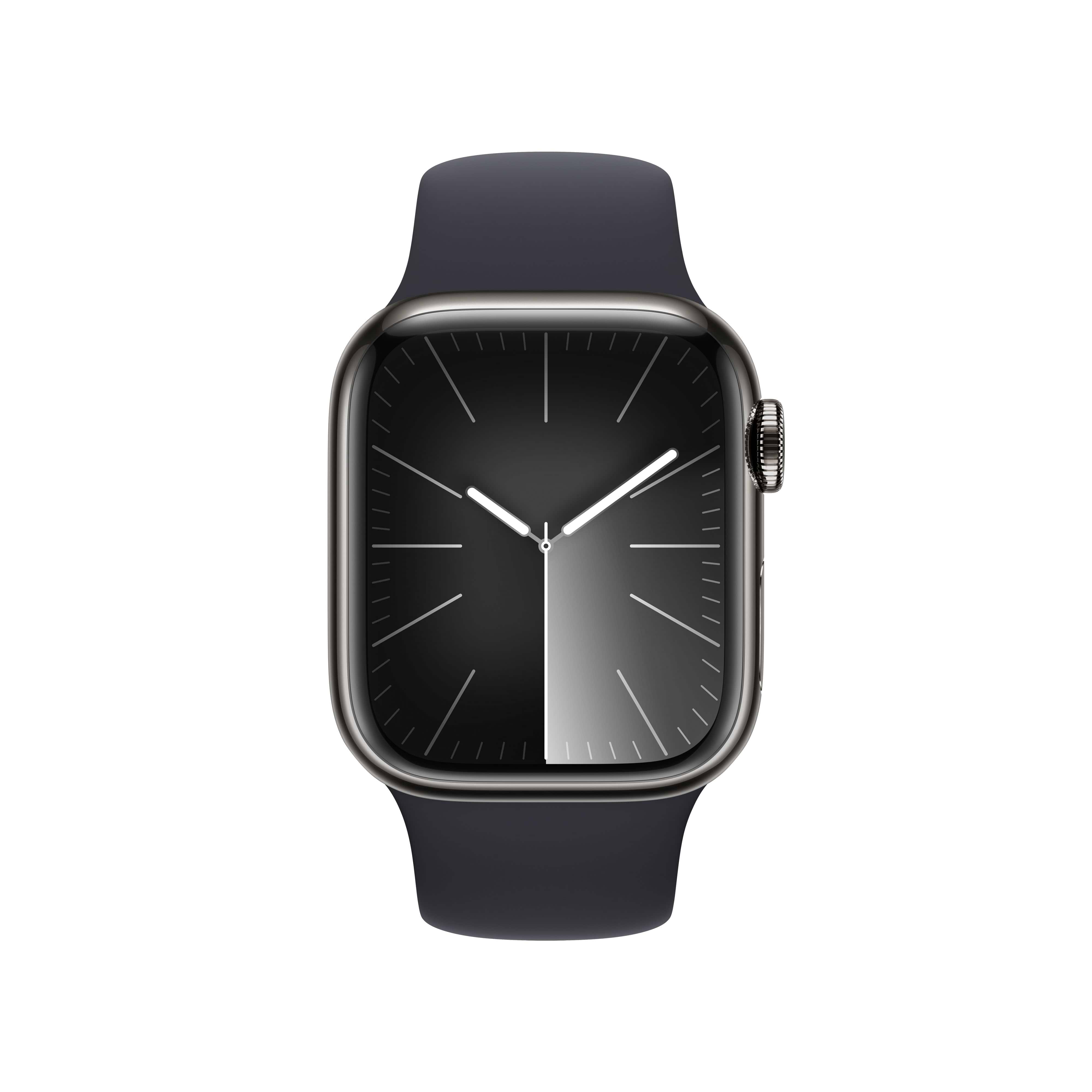 שעון חכם - Apple Watch Series 9 GPS + Cellular 41mm Graphite Stainless Steel Case with Midnight Sport Band - M/L - צבע כסוף שנה אחריות ע