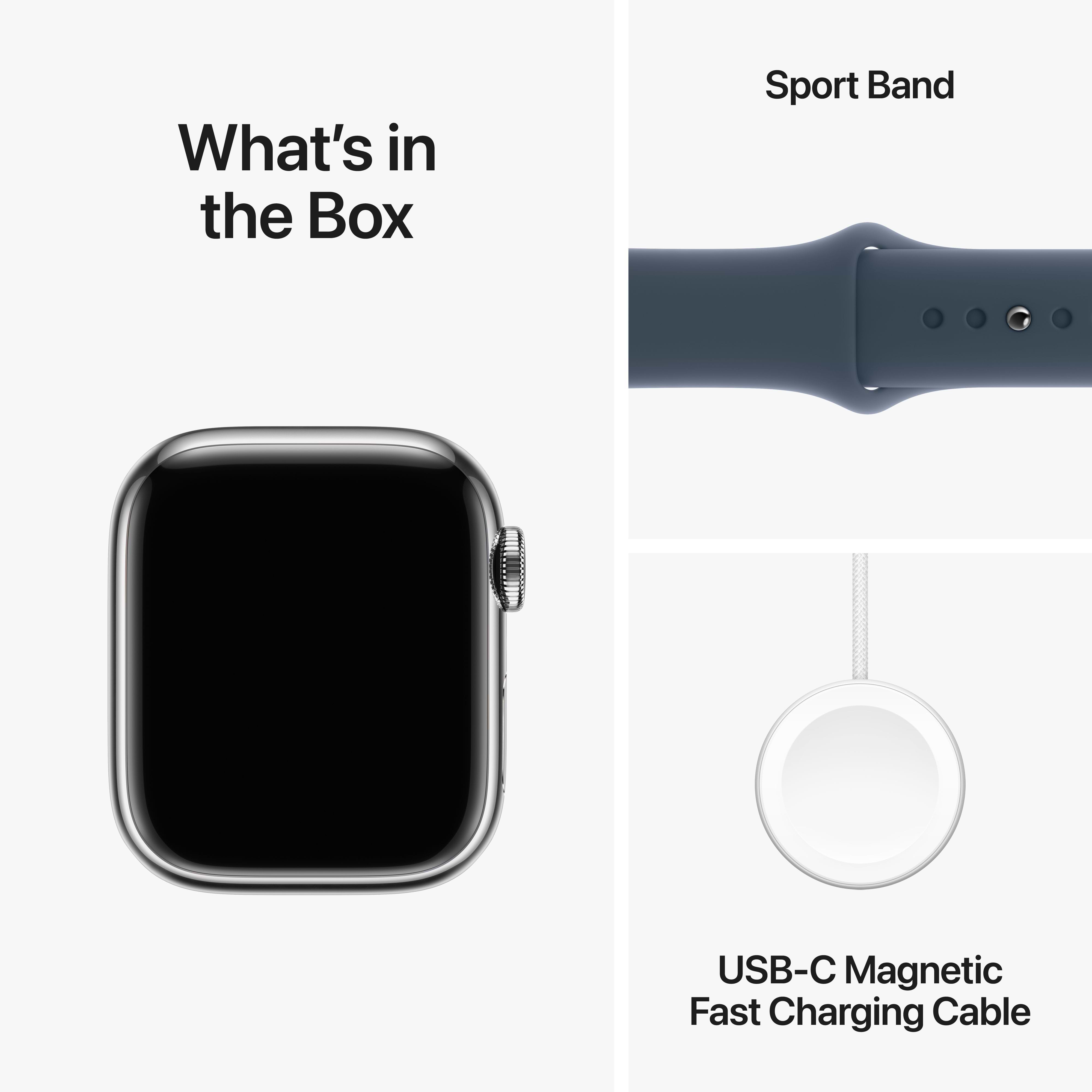 שעון חכם - Apple Watch Series 9 GPS + Cellular 41mm Silver Stainless Steel Case with Storm Blue Sport Band - M/L - צבע כסוף שנה אחריות ע