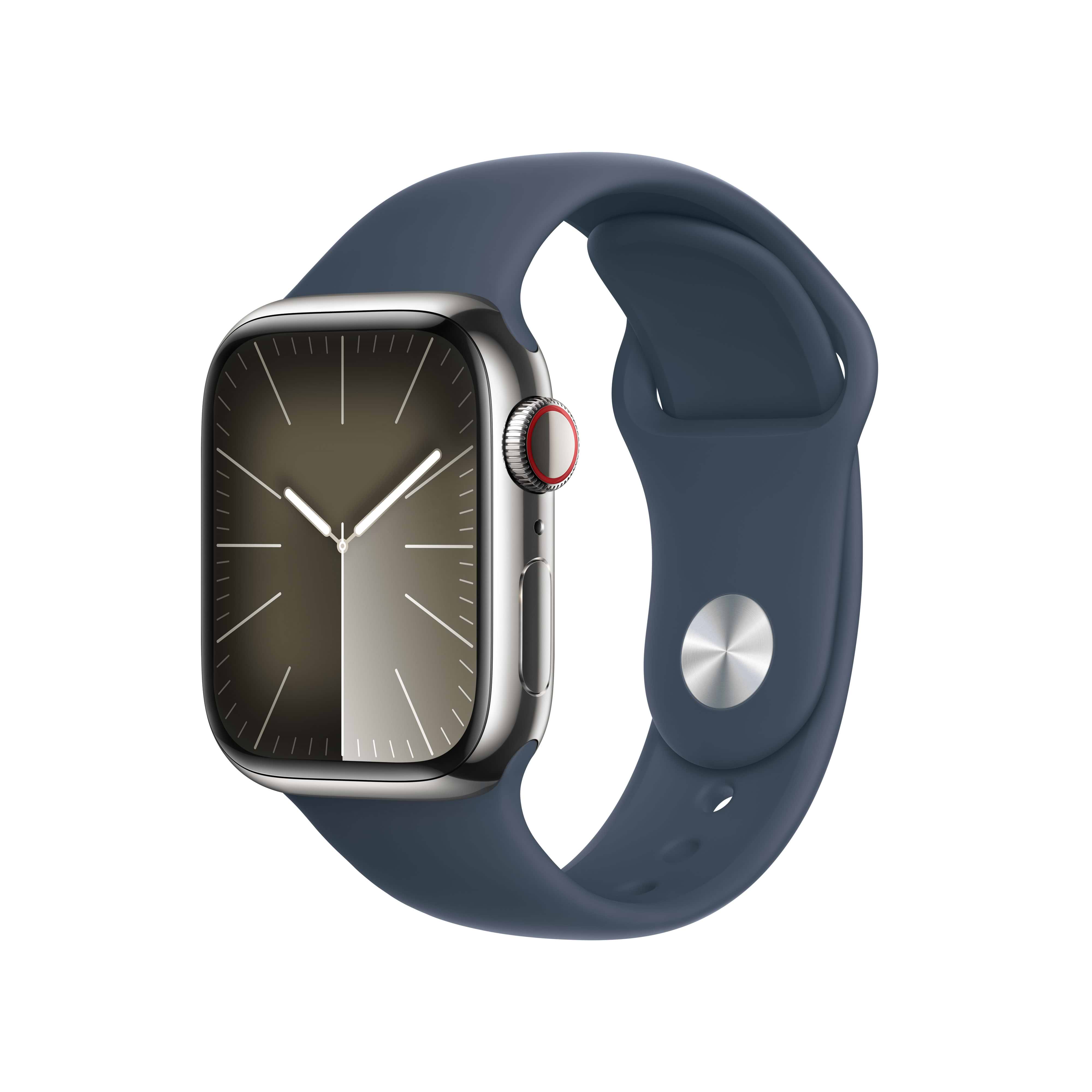 שעון חכם - Apple Watch Series 9 GPS + Cellular 41mm Silver Stainless Steel Case with Storm Blue Sport Band - M/L - צבע כסוף שנה אחריות ע