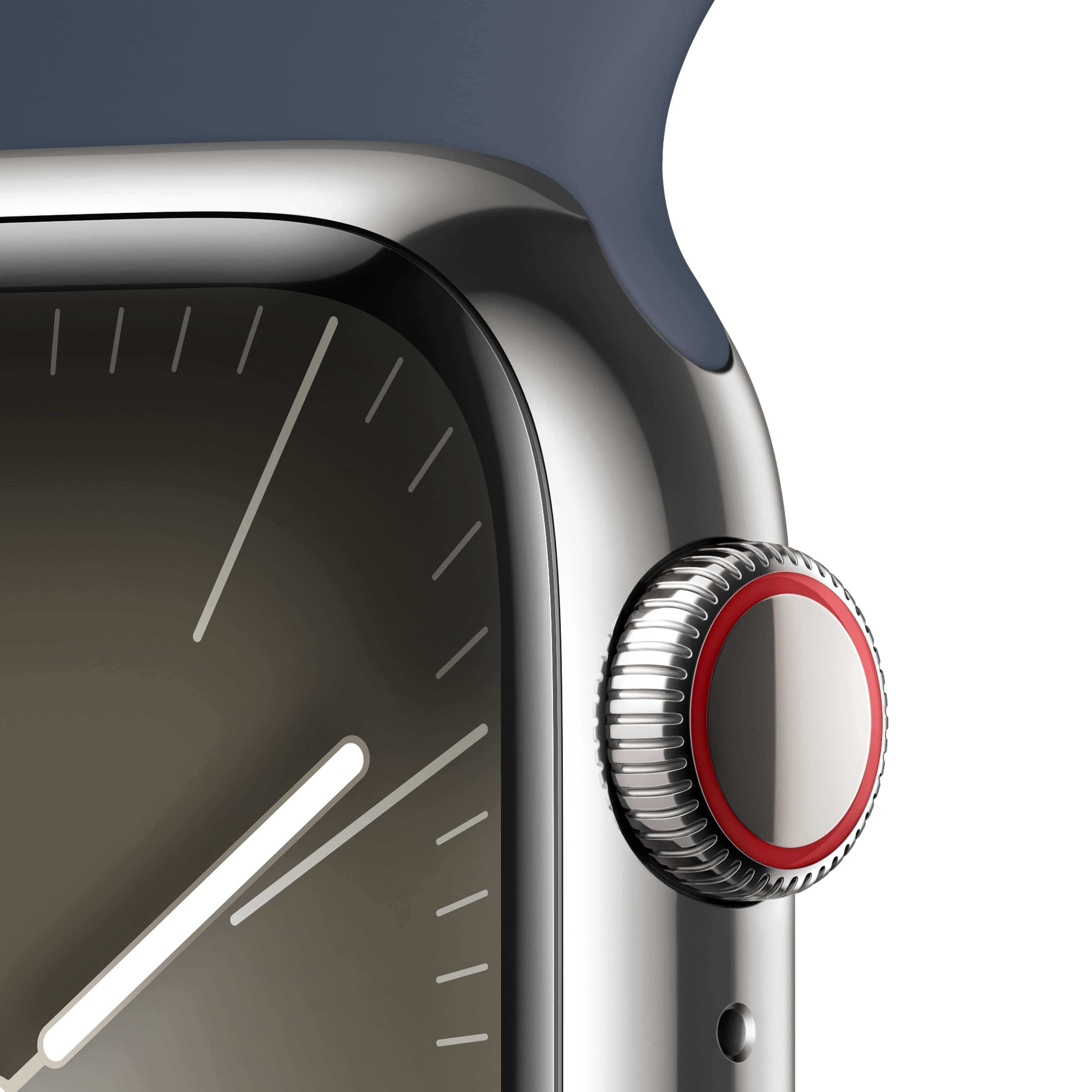 שעון חכם - Apple Watch Series 9 GPS + Cellular 41mm Silver Stainless Steel Case with Storm Blue Sport Band - S/M - צבע כסוף שנה אחריות ע