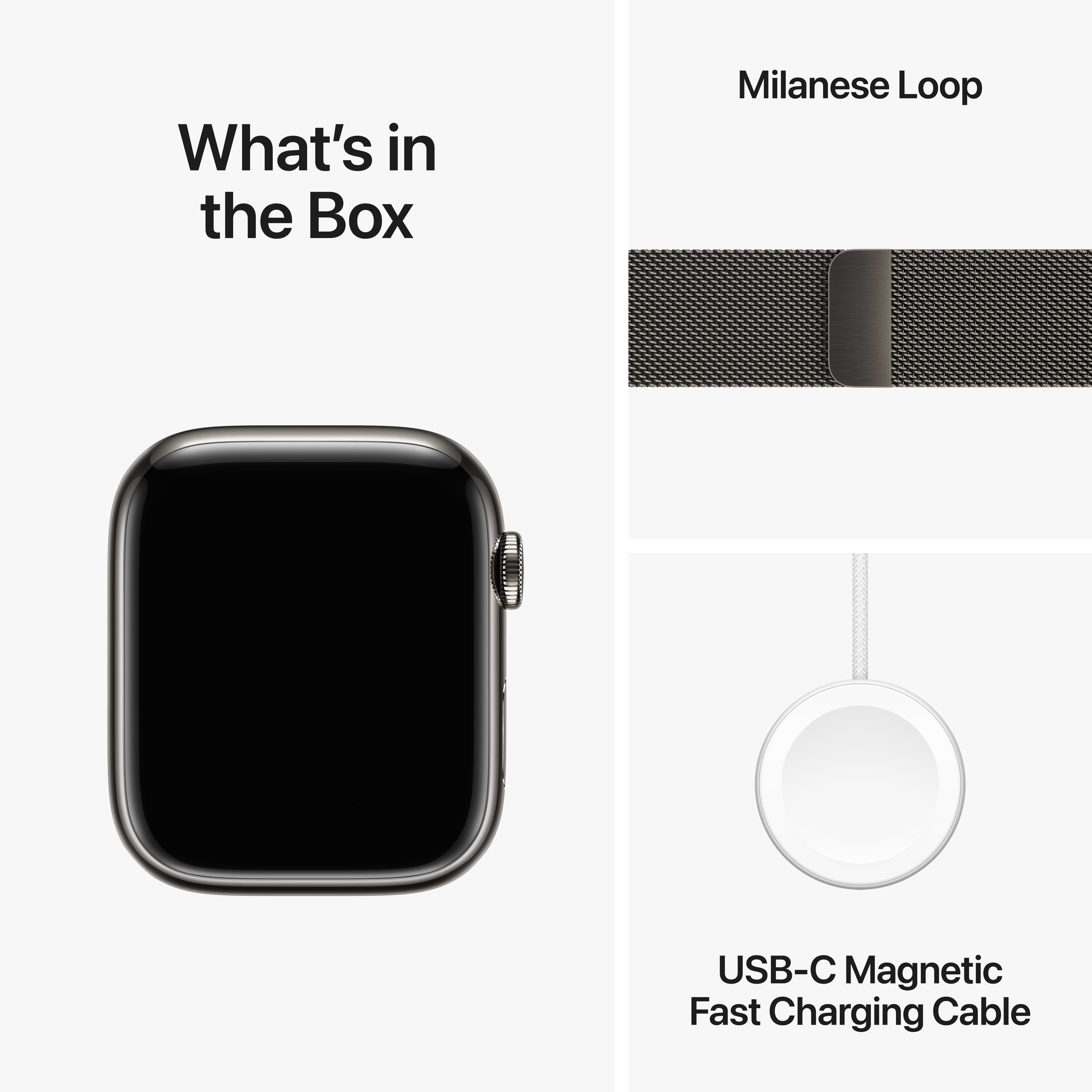שעון חכם - Apple Watch Series 9 GPS + Cellular 45mm Graphite Stainless Steel Case with Graphite Milanese Loop  - צבע גרפיט שנה אחריות ע