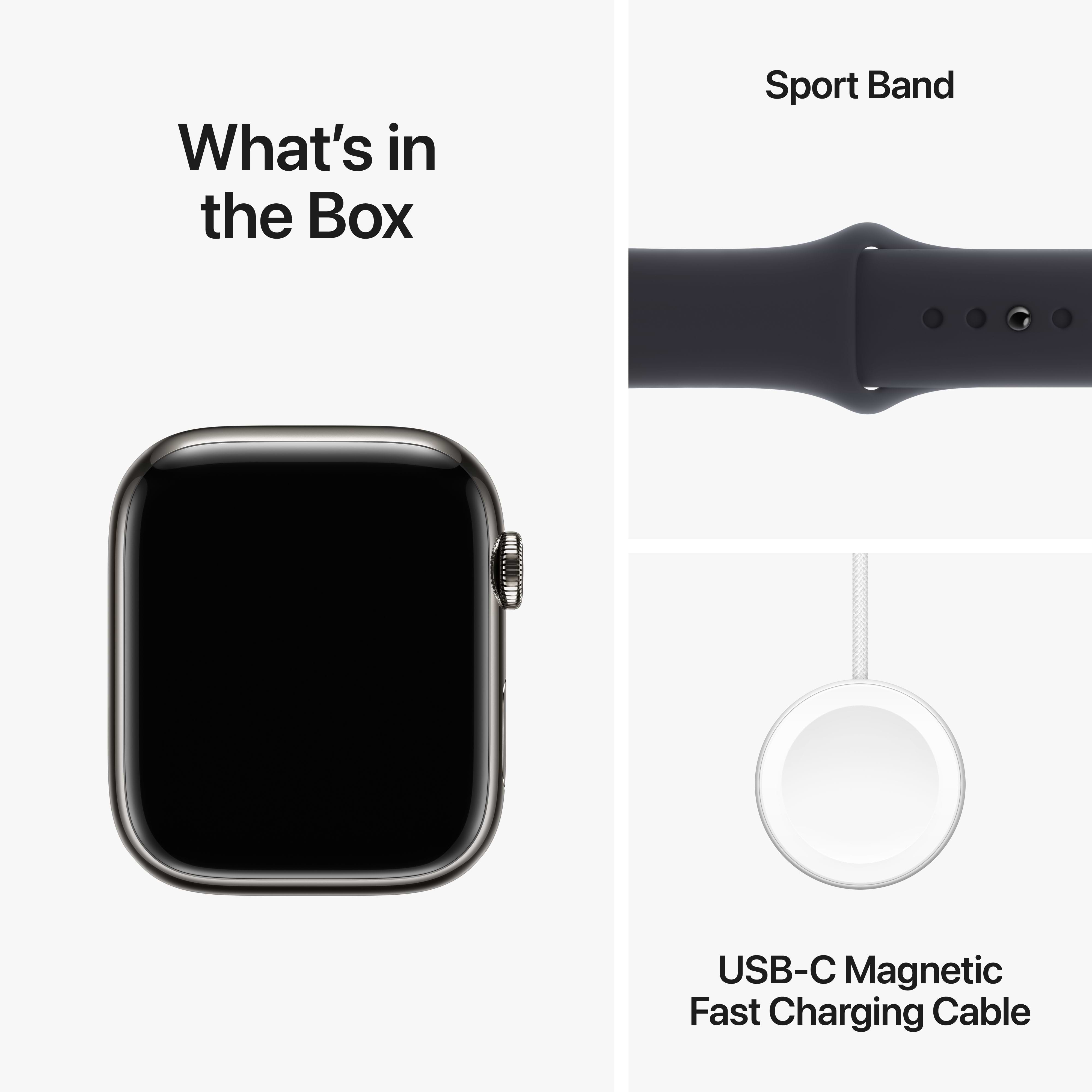 שעון חכם - Apple Watch Series 9 GPS + Cellular 45mm Graphite Stainless Steel Case with Midnight Sport Band - M/L  - צבע גרפיט שנה אחריות ע